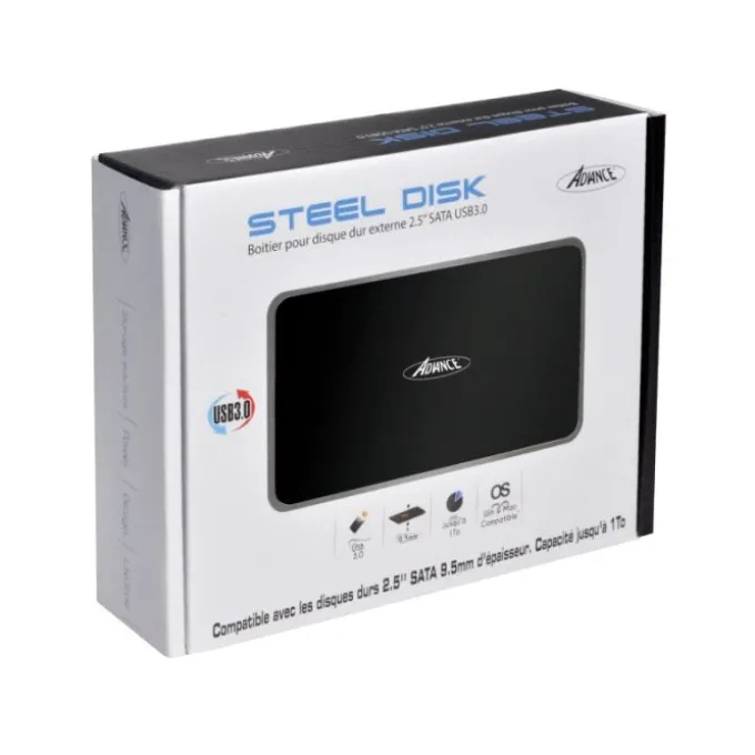 Boitier Disque dur 2,5" USB 3.0 ADVANCE Aluminium Noir Brossé – Plug & Play