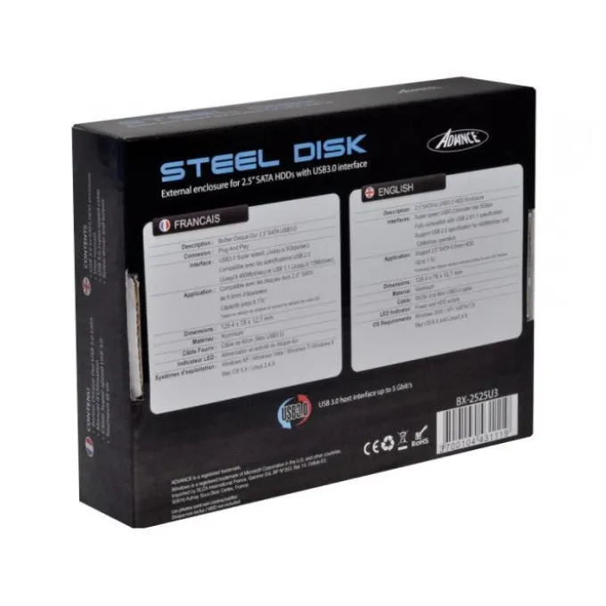 Boitier Disque dur 2,5" USB 3.0 ADVANCE Aluminium Noir Brossé – Plug & Play