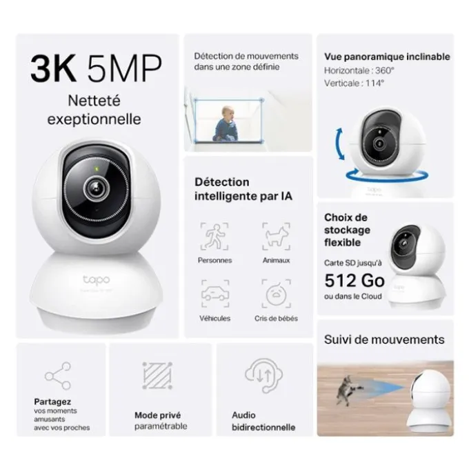 Caméra de surveillance TAPO C230 3K 5 MP Intérieure motorisée