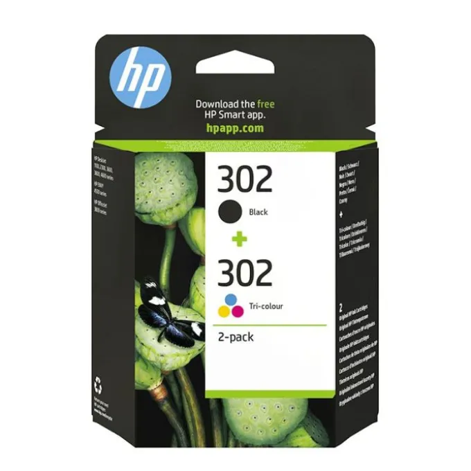 Cartouches d'encre HP 302 - Pack de 2 Cartouches d'Encre Noire et Trois Couleurs Authentiques (X4D37AE)