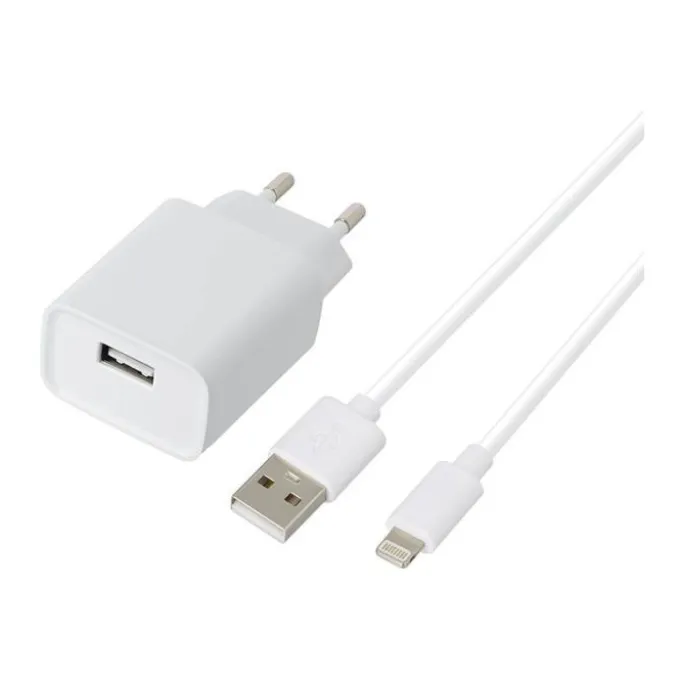 Chargeur secteur USB HIGH ONE 2,4AA + Câble Lightning / USB 1M Blanc