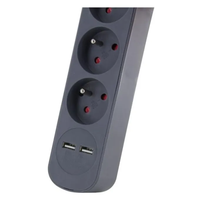 Multiprise CHACON 5 prises + 2 USB-A avec interrupteur Noire - Cable 1.5m