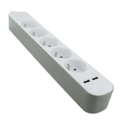 Multiprise CHACON 5 prises + 2 USB Grise et blanche - Cable 1.5m