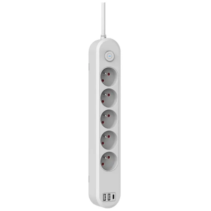 Multiprise LINK2HOME 5 prises + 2 USB-A + 1 USB-C avec interrupteur Blanc - Cable 1.5m