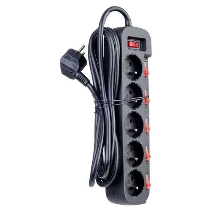 Multiprise ZENITECH 5 prises avec 6 interrupteurs Noire - Cable 3m