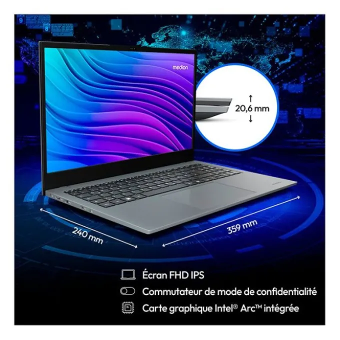 Ordinateur Portable 15,6" MEDION AKOYA E15443 - Intel Ultra 5/16Go/Arc / IA boost