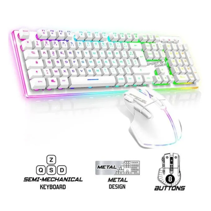 Pack Gamer Spirit of Gamer - Clavier Sans Fil AZERTY FR RGB + Souris 4800 DPI, Rechargeable, Aluminium, PC/PS4/PS5/Xbox - Blanc