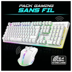 Pack Gamer Spirit of Gamer - Clavier Sans Fil AZERTY FR RGB + Souris 4800 DPI, Rechargeable, Aluminium, PC/PS4/PS5/Xbox - Blanc