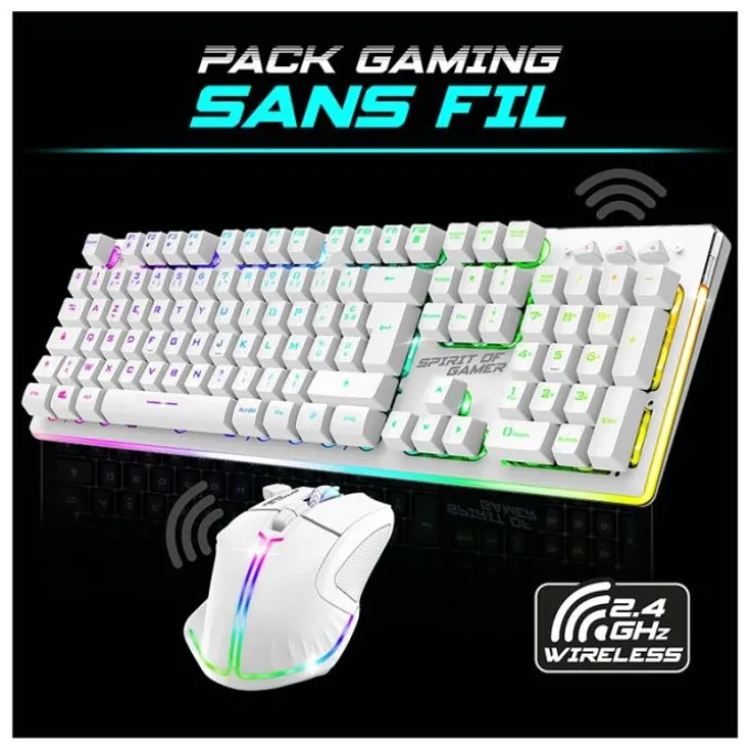 Pack Gamer Spirit of Gamer - Clavier Sans Fil AZERTY FR RGB + Souris 4800 DPI, Rechargeable, Aluminium, PC/PS4/PS5/Xbox - Blanc