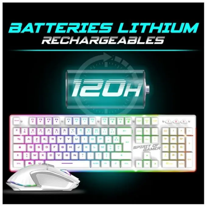 Pack Gamer Spirit of Gamer - Clavier Sans Fil AZERTY FR RGB + Souris 4800 DPI, Rechargeable, Aluminium, PC/PS4/PS5/Xbox - Blanc
